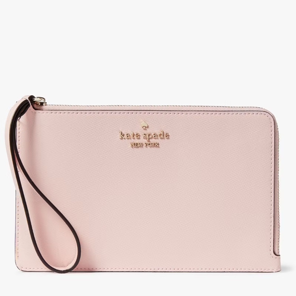 NWT Kate Spade Staci Peony Pink Medium L-zip Saffiano Leather Wristlet